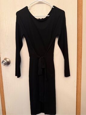 Classic Black Long Sleeve Tie-Waist Dress